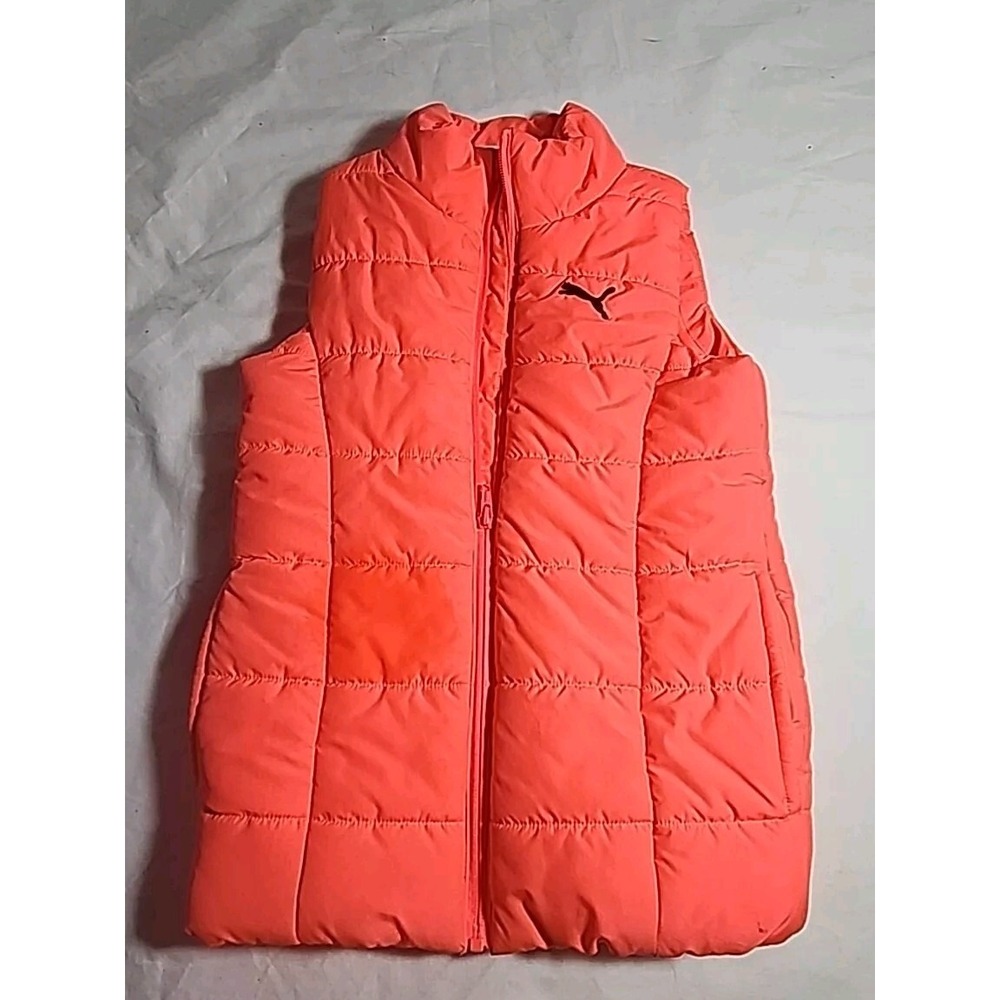 Puma Youth Neon Orange Quilted Puffer Vest Full Zip Girl's Size Small 7/8